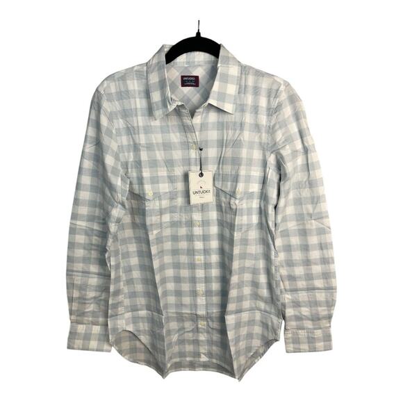 UNTUCKit Women's Button Down Santa Marzi Plaid Long Sleeve Shirt Blue White 4 - Picture 2 of 8